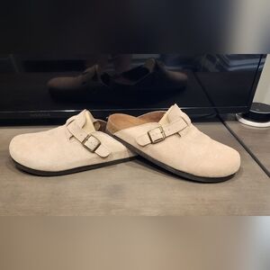 Beige Suede Slip-On Mule Clogs with Buckle